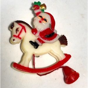 Vintage mechanical Santa on Rocking Horse Pin Hong Kong Pull String Movement